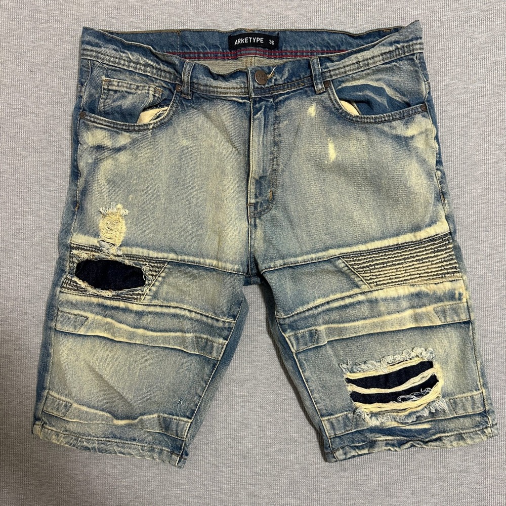 Arketype Moto Biker Denim Shorts Light Wash Distressed Patchwork Blue Mens‎ 36